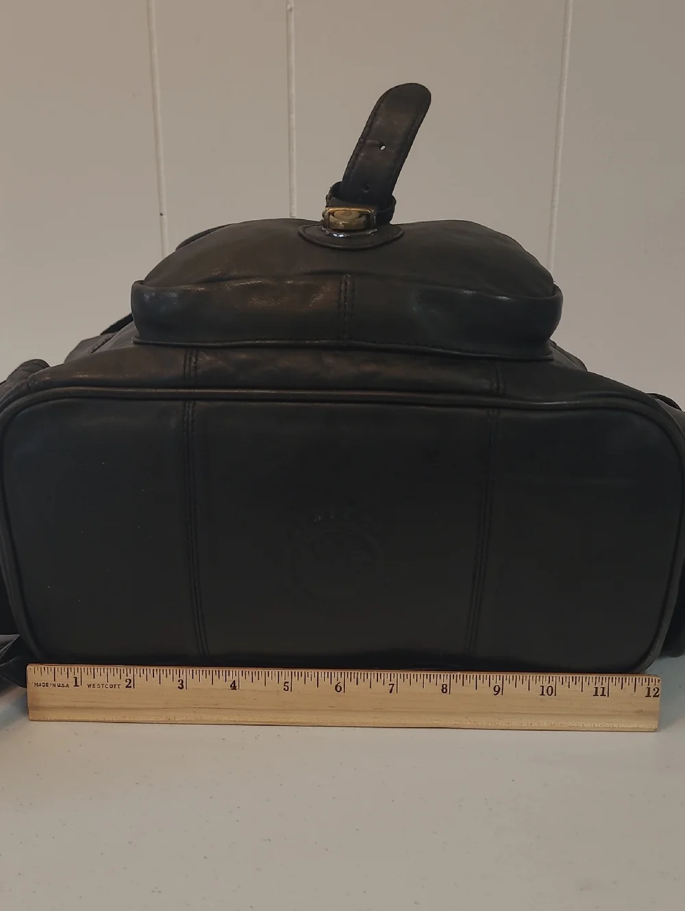 M. London Vintage Black Leather Patinaed Backpack Multi Pocket Drawstring Close